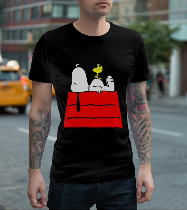 Snoopy Sleeping On Red Doghouse With Woodstock T-Shirt