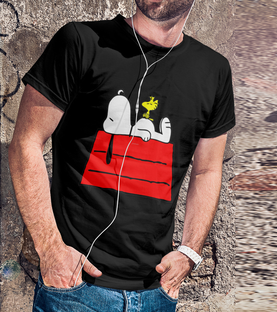 Snoopy Sleeping On Red Doghouse With Woodstock T-Shirt