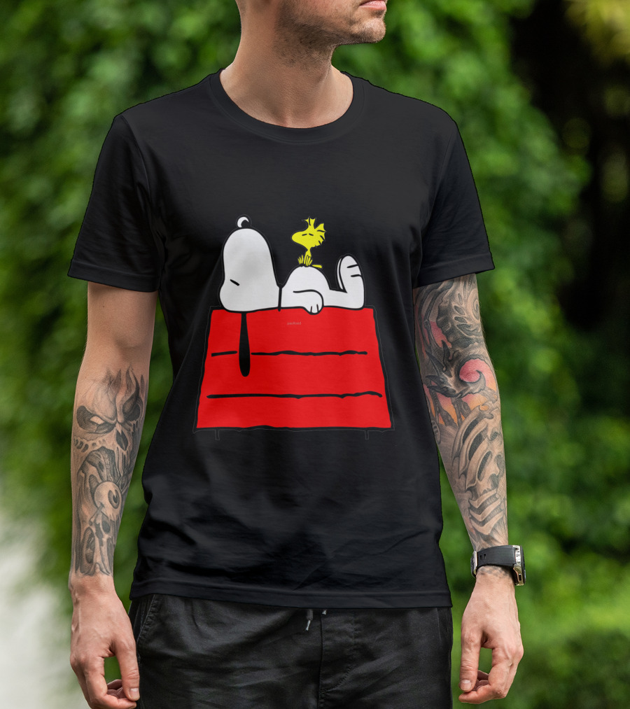 Snoopy Sleeping On Red Doghouse With Woodstock T-Shirt