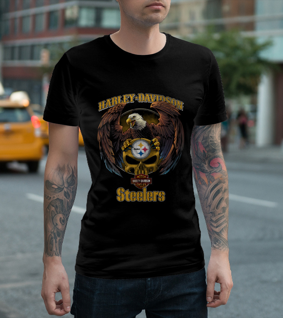 Harley Davidson Motor Cycles Eagle Skull Pittsburgh Steelers T-Shirt
