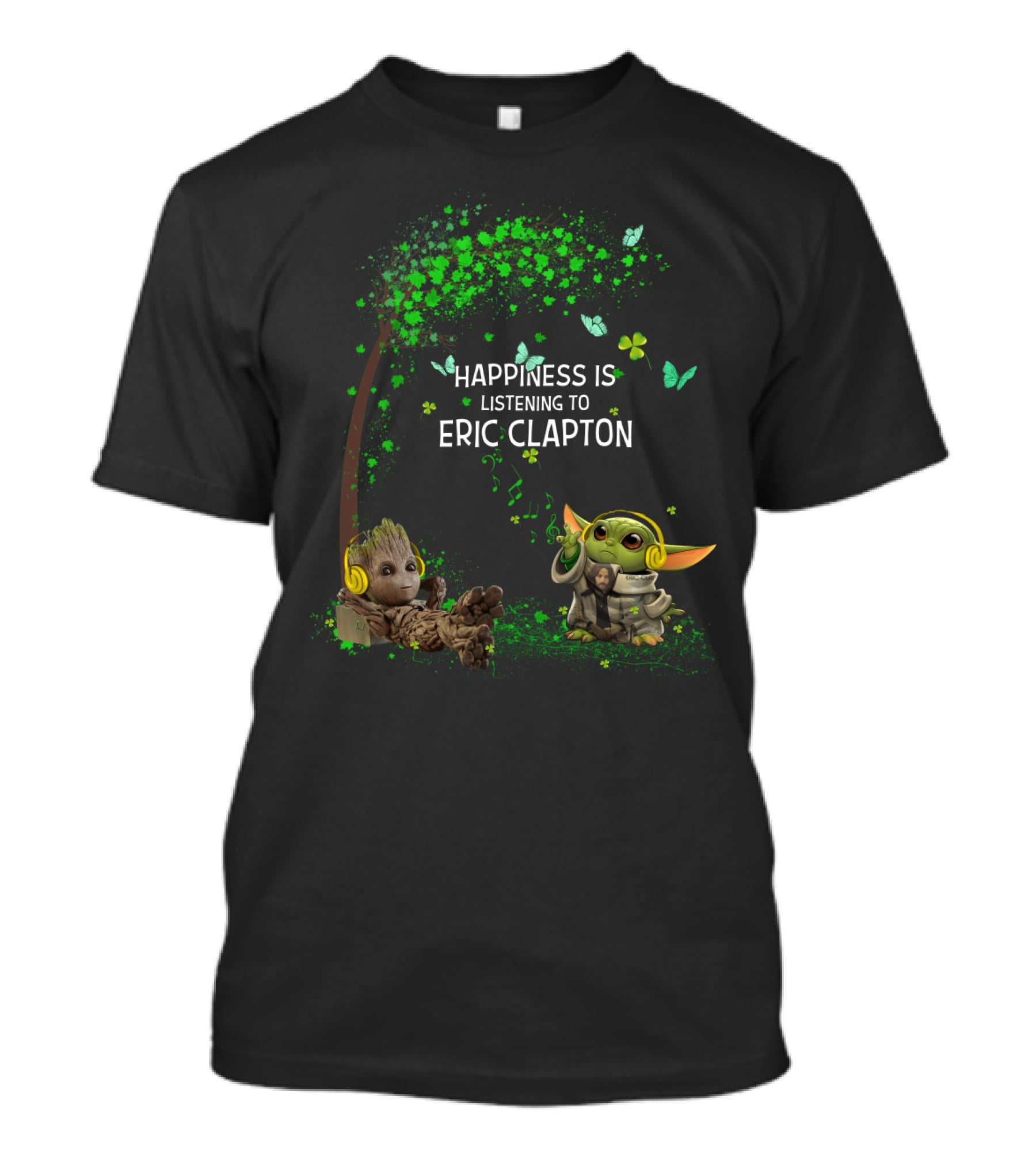 Happiness Is Listening To Eric Clapton With Baby Groot And Baby Yoda Music Headphones T-Shirt