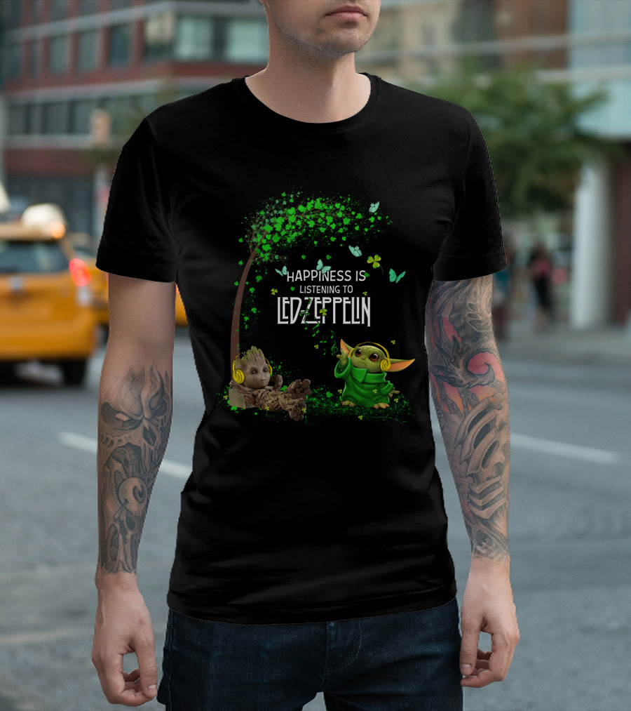 Happiness Is Listening To Led Zeppelin With Cute Characters And Green Butterflies T-Shirt