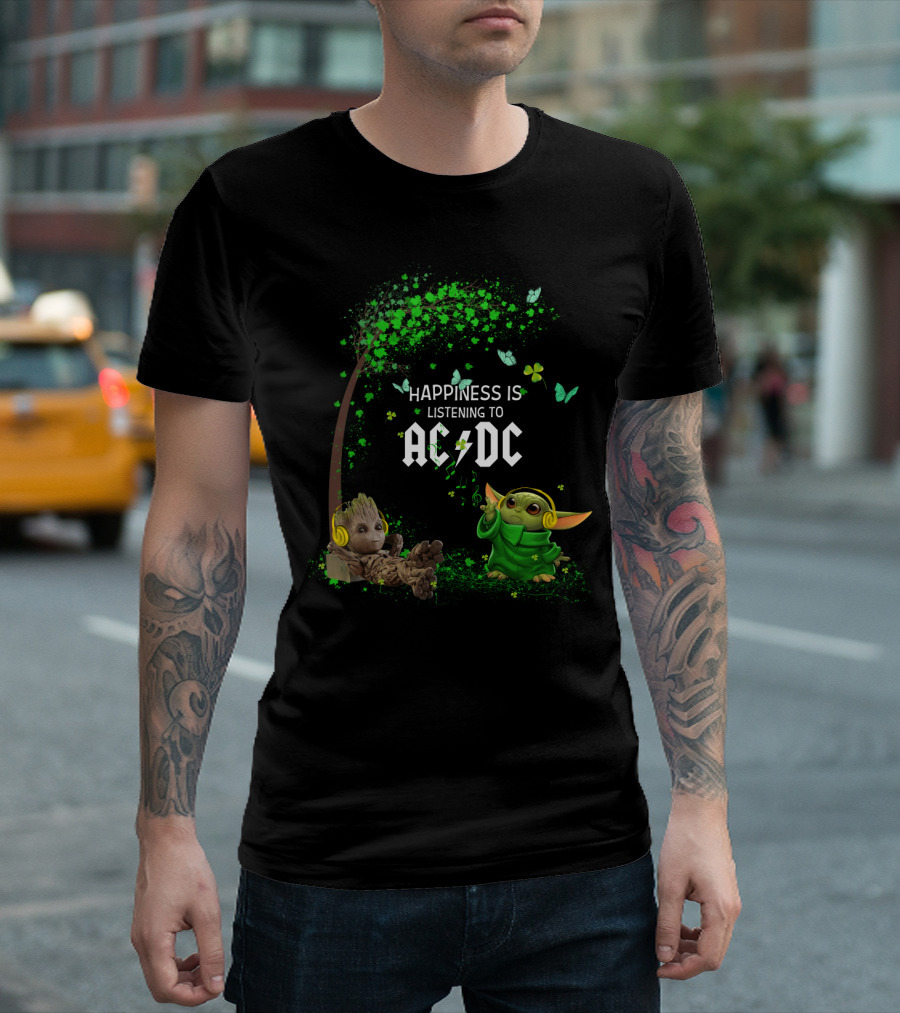 Happiness Is Listening To Ac/Dc Groot Baby Yoda Collaboration T-Shirt