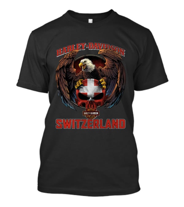 Harley Davidson Eagle Switzerland Logo With Skull And Flag T-Shirt