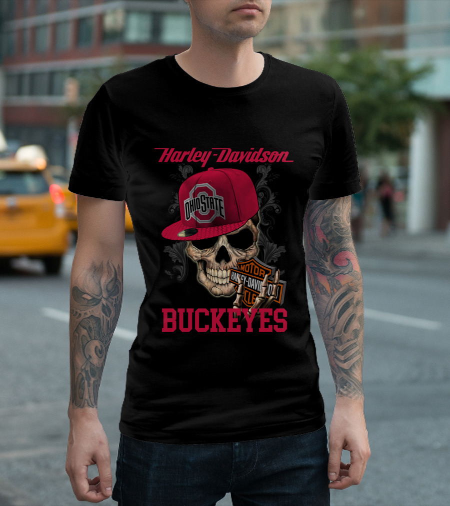 Harley Davidson Skull With Ohio State Buckeyes Cap And Motorcycle Elements T-Shirt