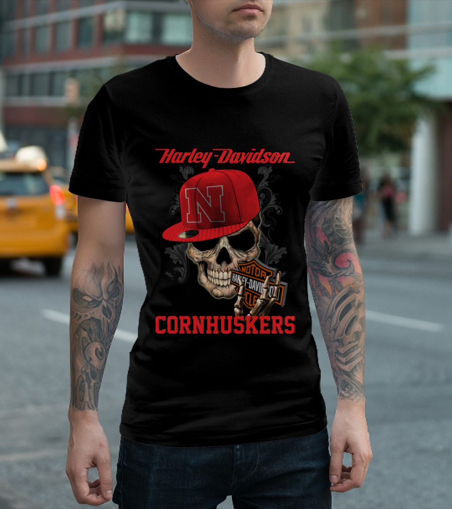 Harley Davidson Nebraska Cornhuskers Skull With Red N Cap T-Shirt