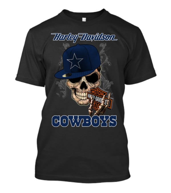 Harley Davidson Skull With Dallas Cowboys Hat And Logo Cowboys T-Shirt