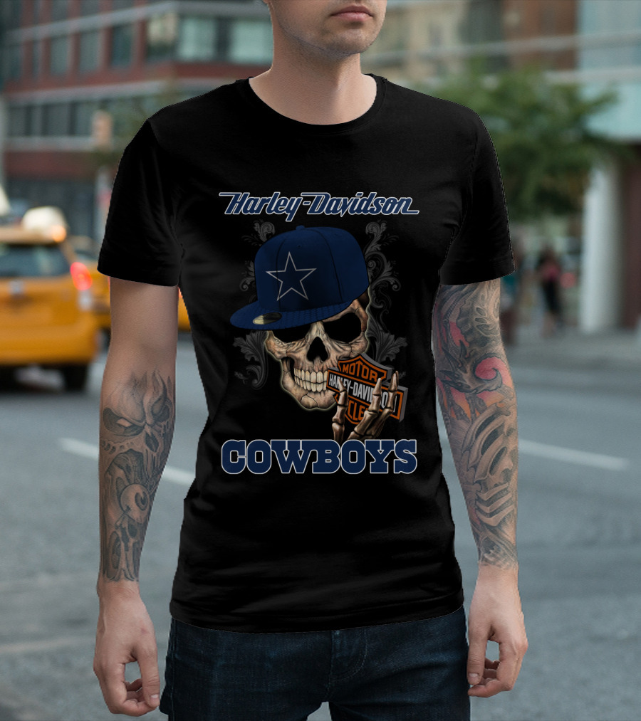 Harley Davidson Skull With Dallas Cowboys Hat And Logo Cowboys T-Shirt
