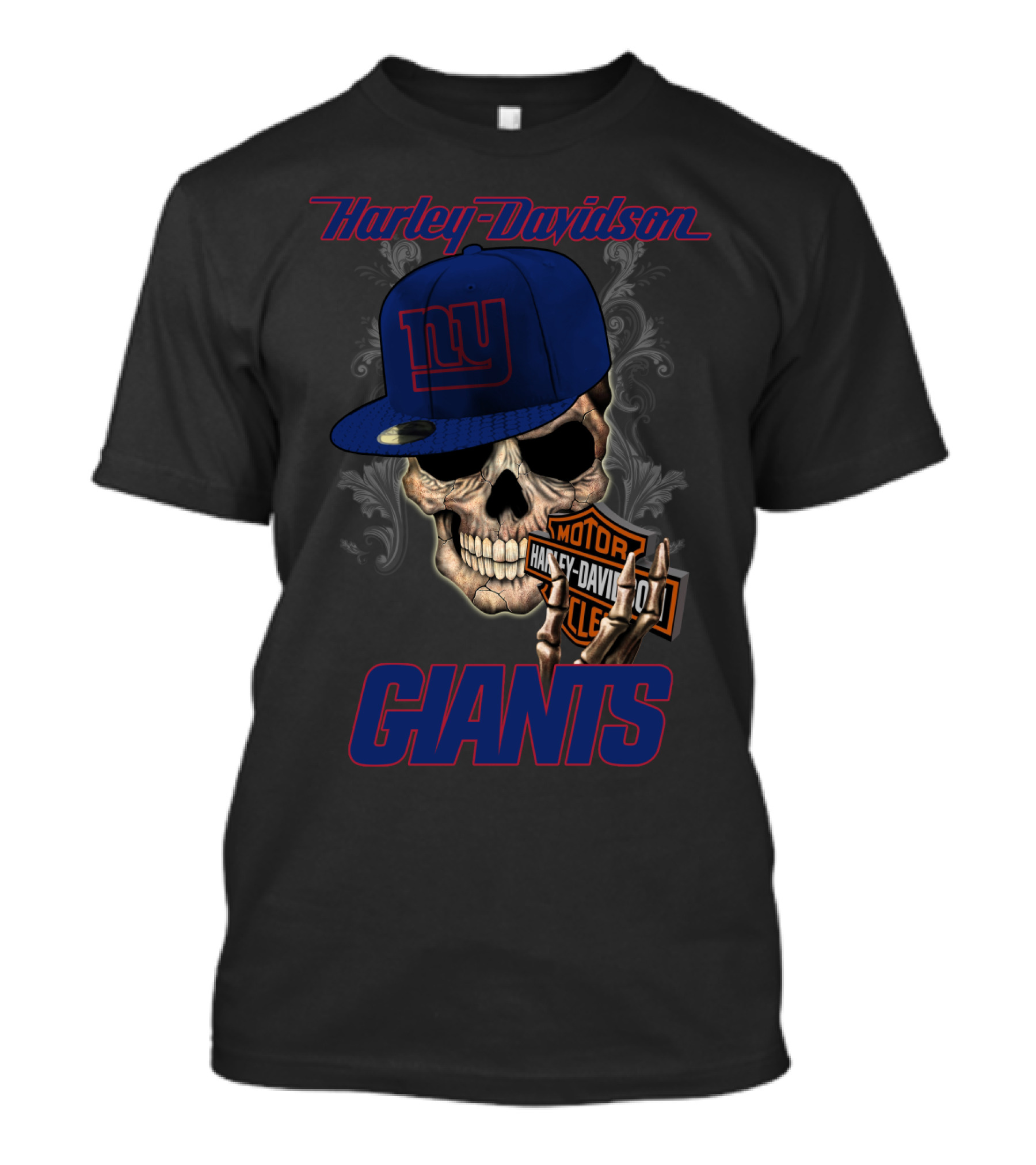 Harley Davidson Giants Skull With New York Giants Cap T-Shirt