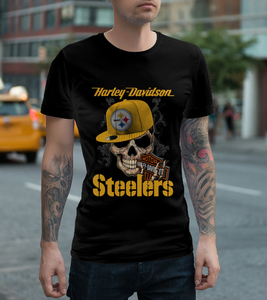 Harley Davidson Pittsburgh Steelers Skull Hat T-Shirt