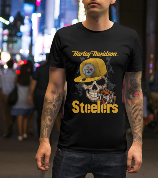 Harley Davidson Pittsburgh Steelers Skull Hat T-Shirt