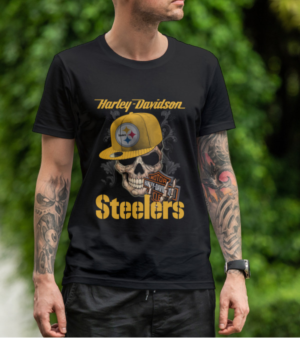 Harley Davidson Pittsburgh Steelers Skull Hat T-Shirt