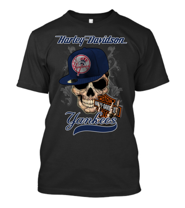 Harley Davidson Yankees Skull With New York Yankees Cap T-Shirt