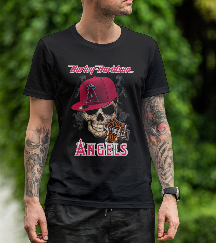 Harley Davidson Los Angeles Angels Skull With Cap T-Shirt