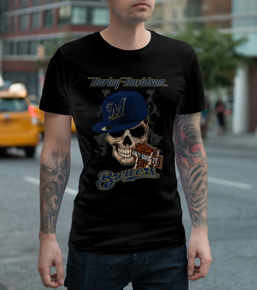 Harley Davidson Milwaukee Brewers Skull With Hat T-Shirt