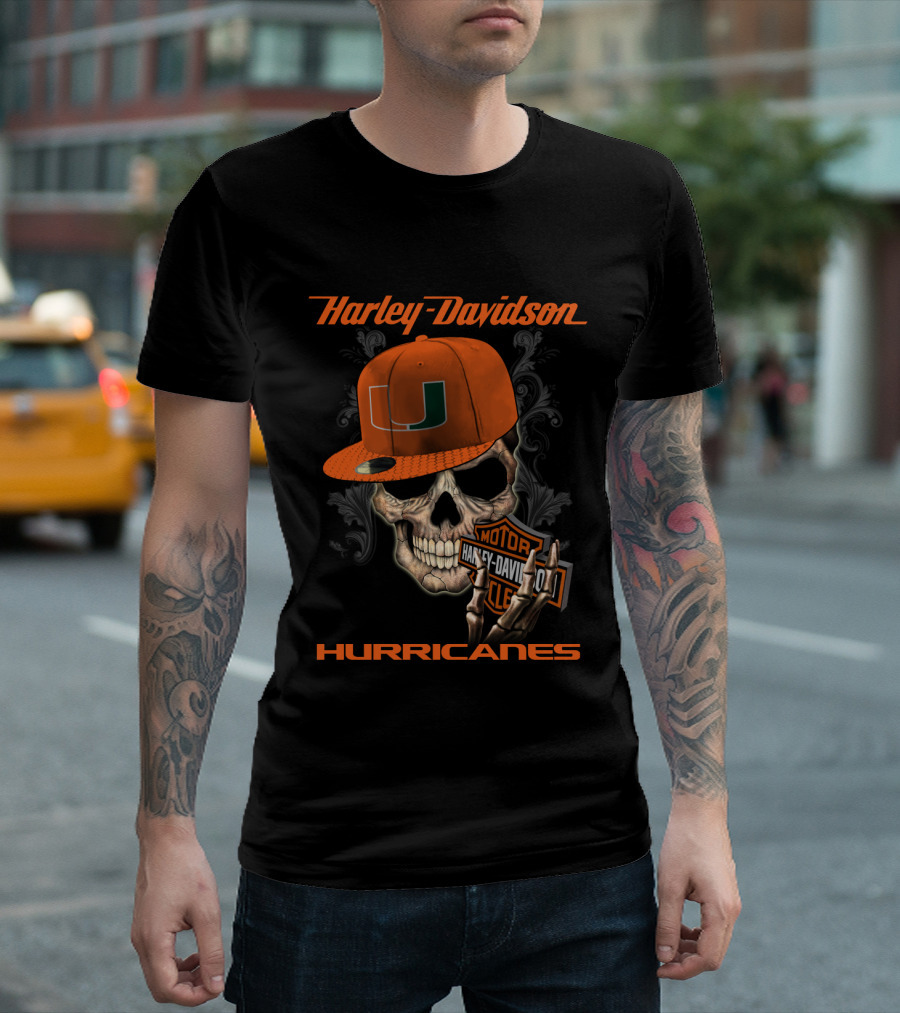 Harley Davidson Miami Hurricanes Skull Helmet And Cap T-Shirt