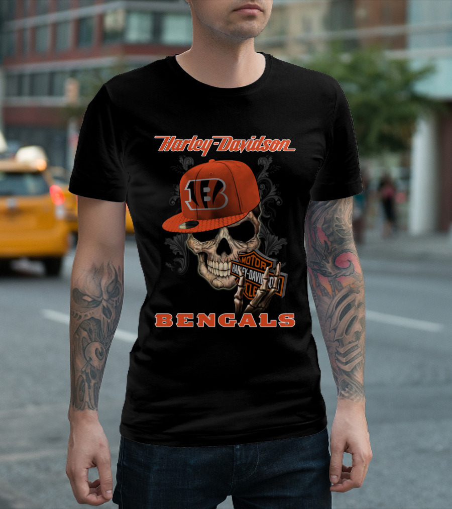 Harley Davidson Skull Bengals Cincinnati Motorcycles T-Shirt