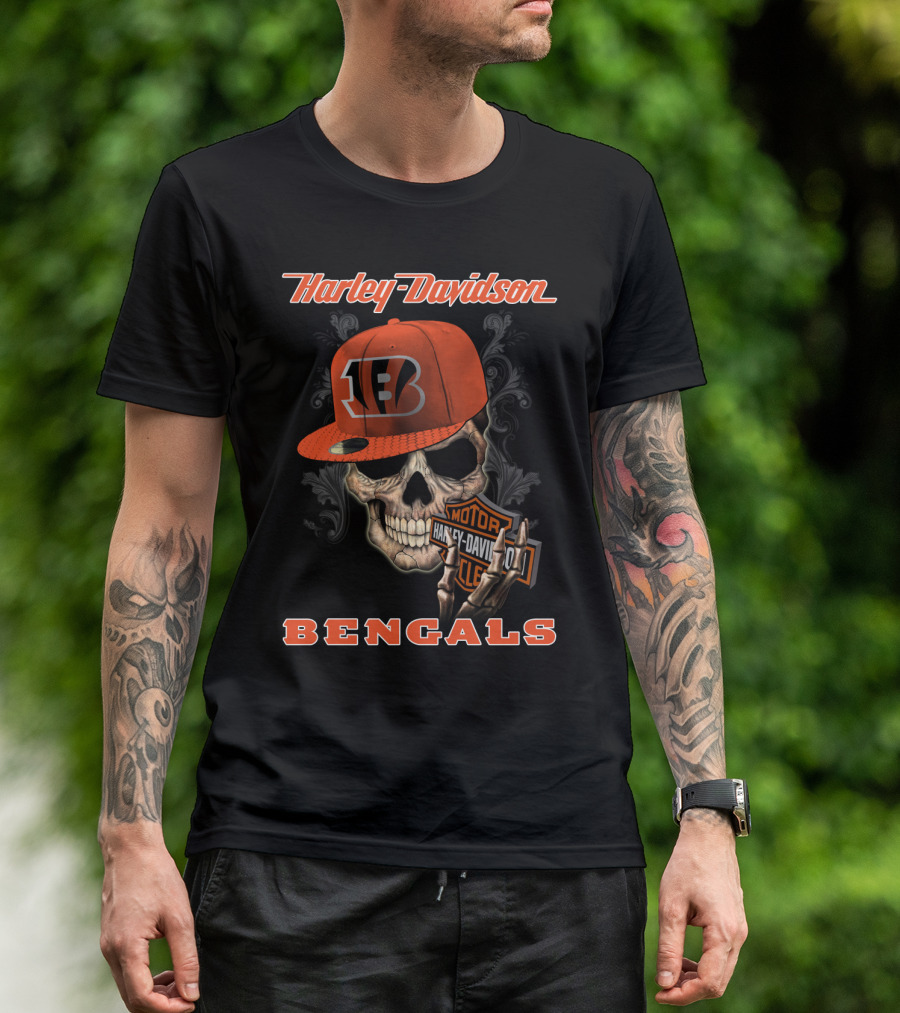 Harley Davidson Skull Bengals Cincinnati Motorcycles T-Shirt