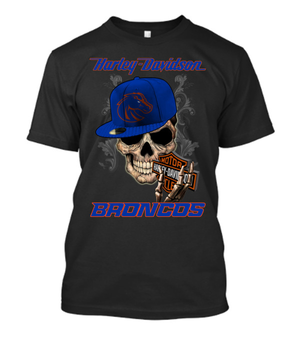 Harley Davidson Skull With Boise State Broncos Cap T-Shirt