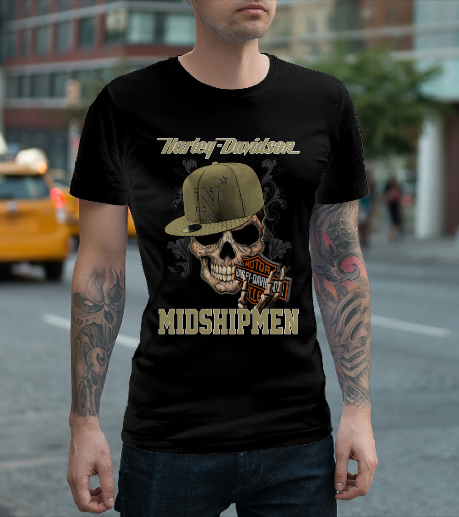 Harley Davidson Navy Midshipmen Skull Hat Motor Cle T-Shirt