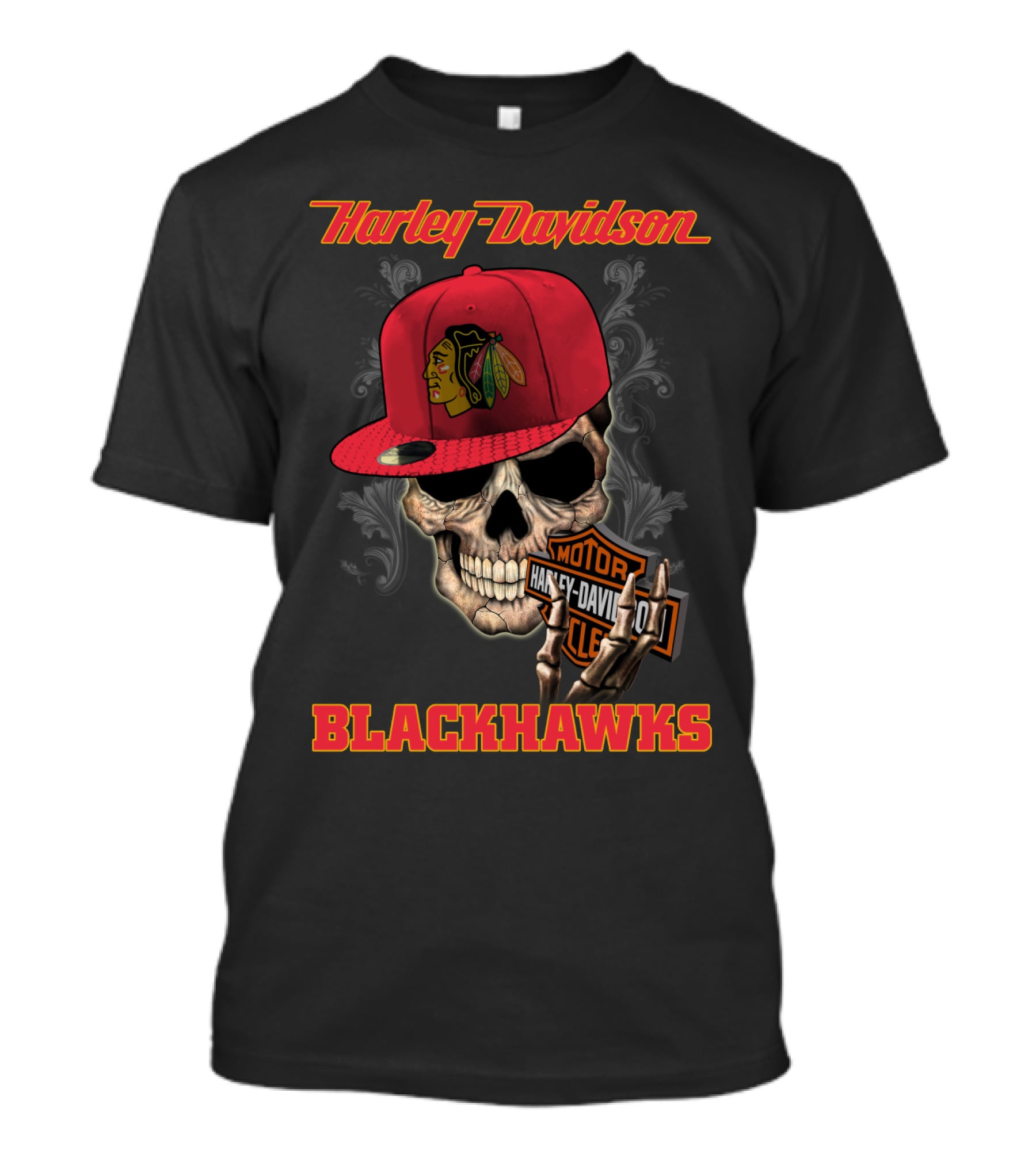 Harley Davidson Skull With Chicago Blackhawks Cap And Motor Cycle T-Shirt