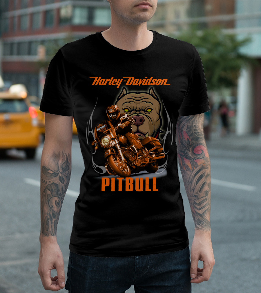 Harley Davidson Pitbull Motorcycle Rider With Dog T-Shirt