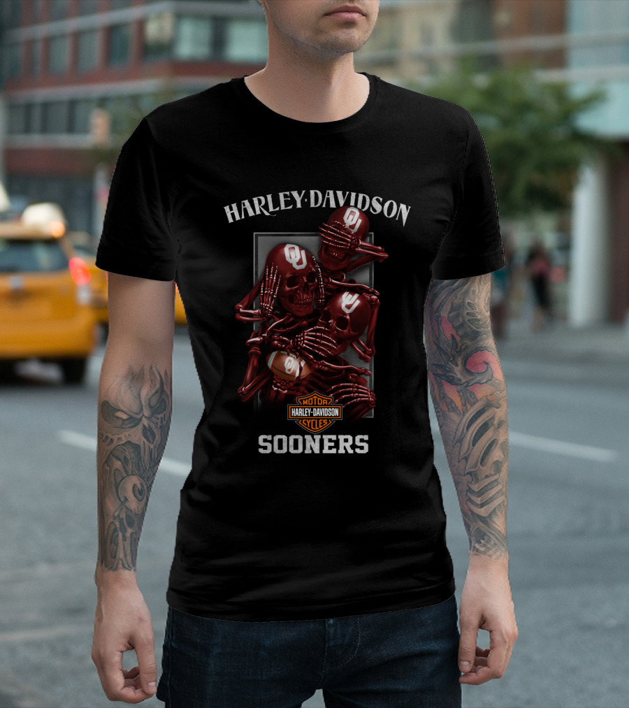 Harley Davidson Ncaa Oklahoma Sooners Motorcycles Football Skulls T-Shirt