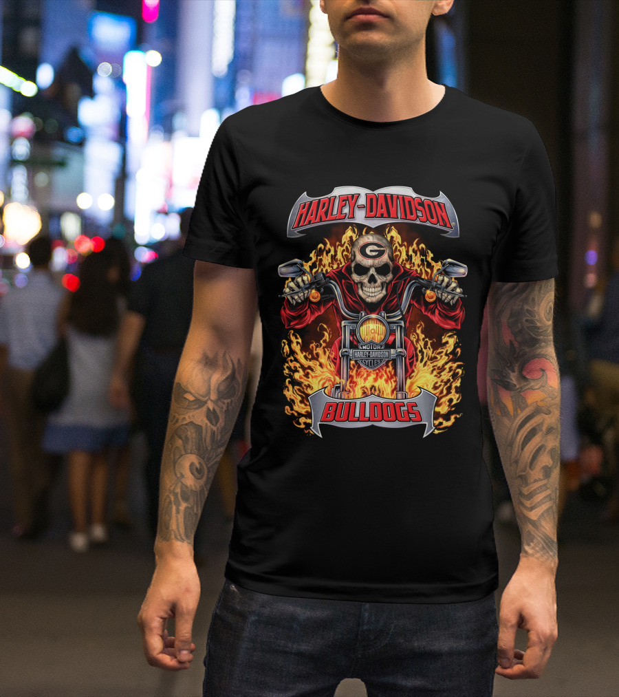 Harley Davidson Georgia Bulldogs Skull Motorcycle Flame T-Shirt