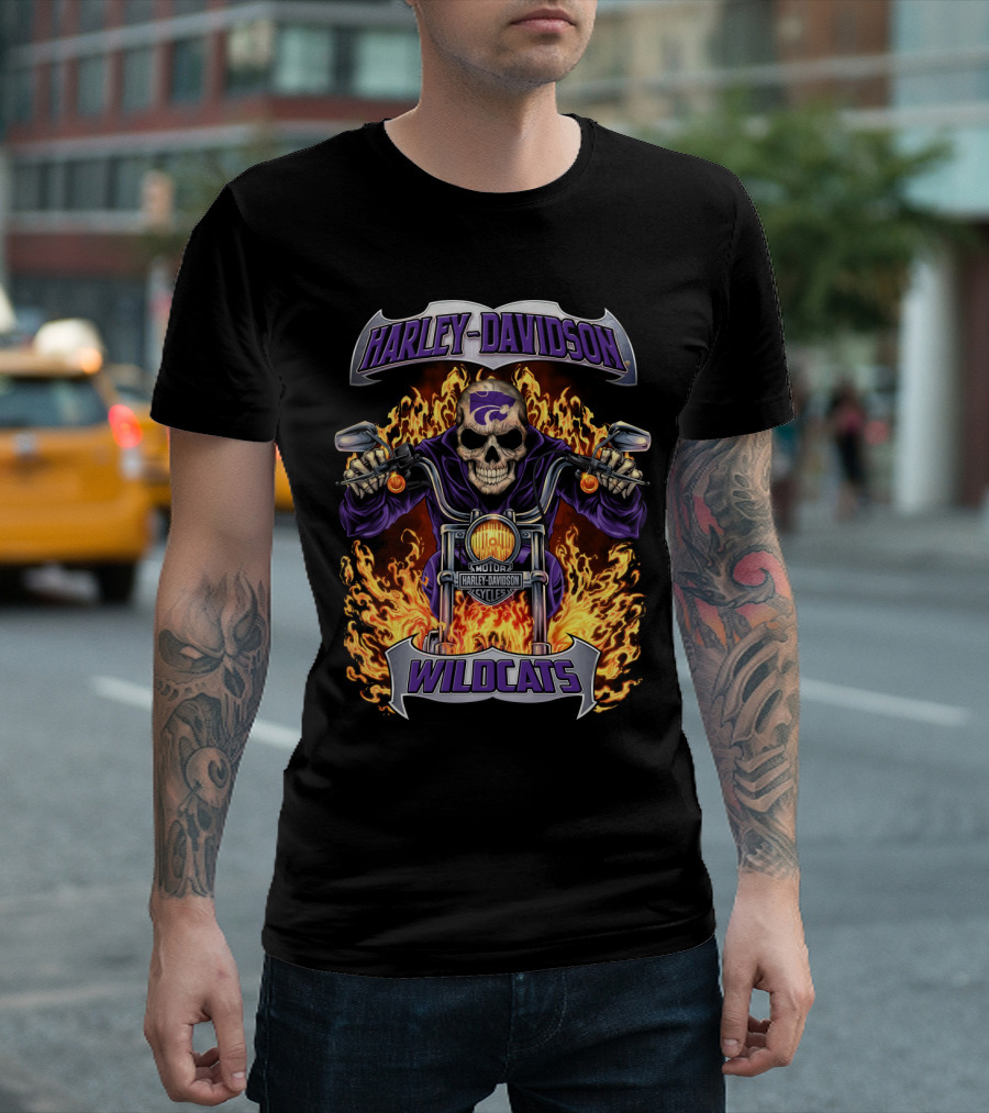 Harley Davidson Kansas State Wildcats Motorcycle Skull Flames T-Shirt