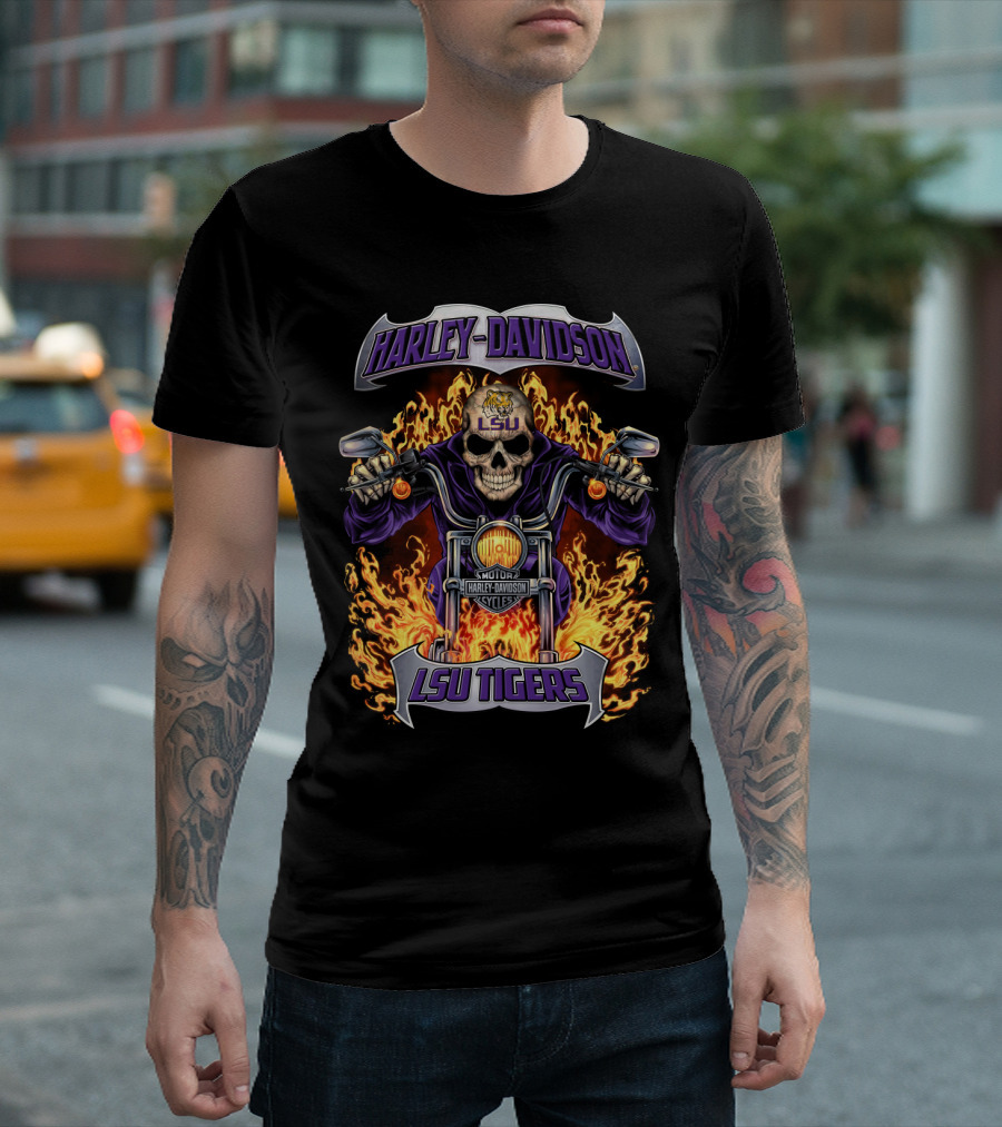 Harley Davidson Lsu Tigers Motorcycles Skull Flames T-Shirt