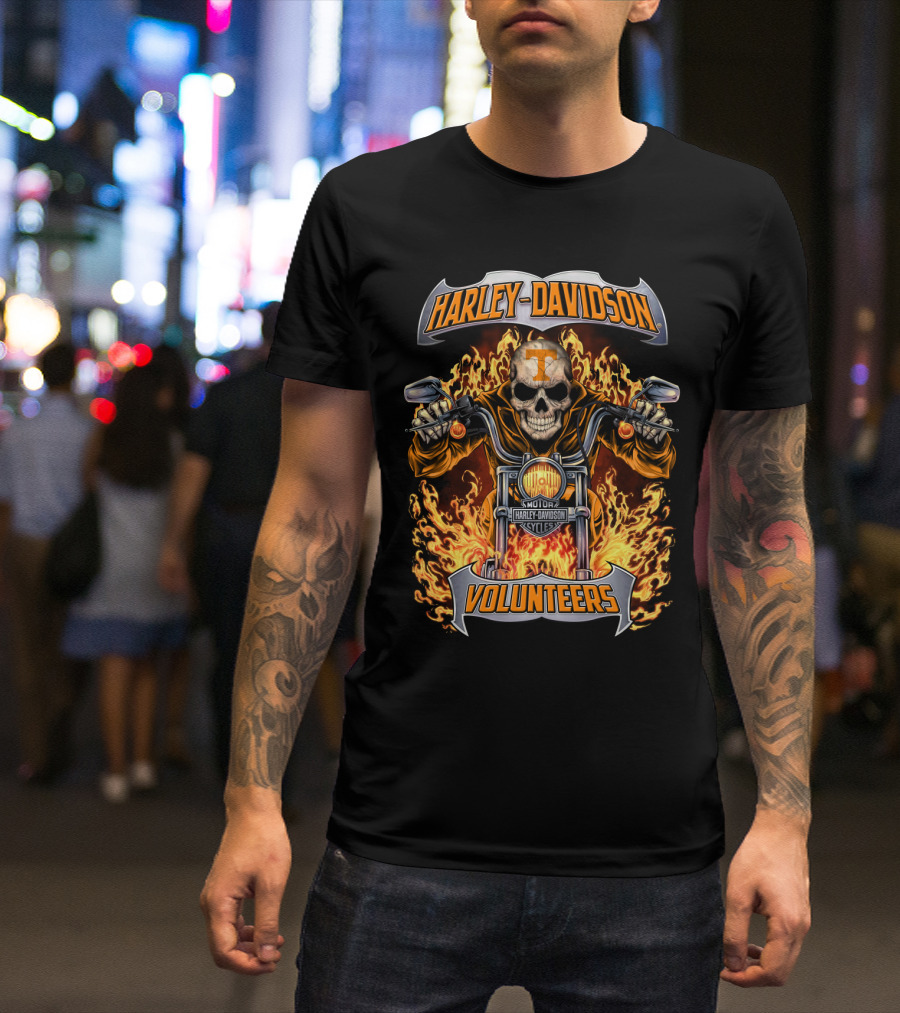 Harley Davidson Tennessee Volunteers Skull Motorcycle Flames T-Shirt