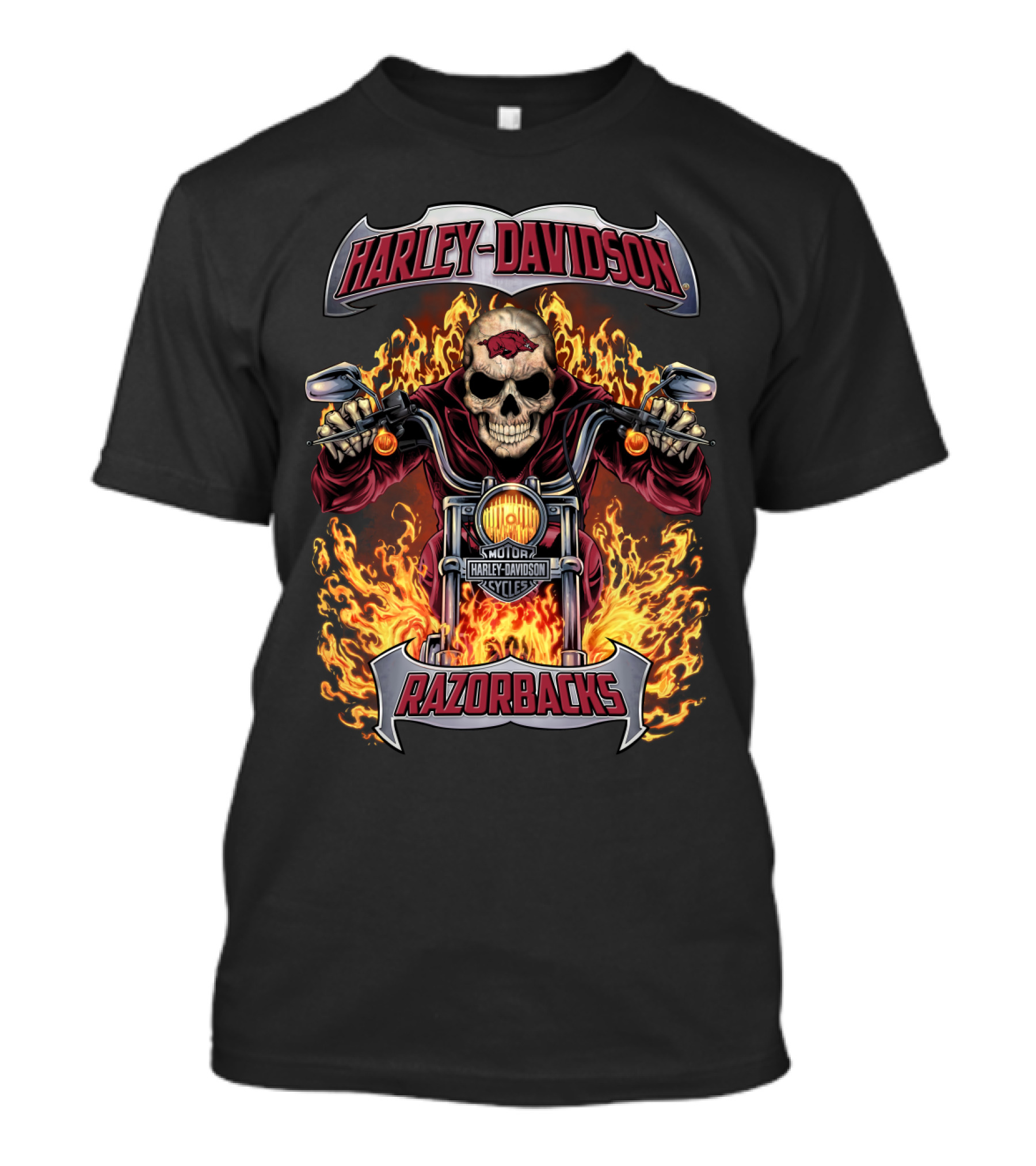 Harley Davidson Motorcycles Razorbacks Ncaa Arkansas Hl1502 Skull Flames Motorcycle T-Shirt