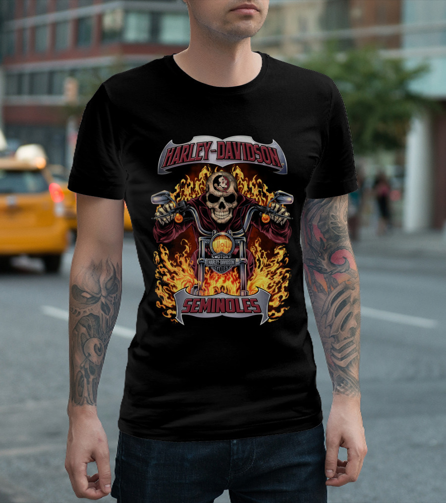 Harley Davidson Seminoles Skull Flames Motorcycle Theme T-Shirt