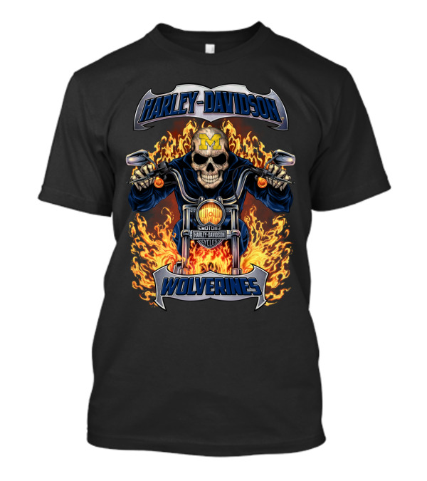 Harley Davidson Michigan Wolverines Skull Flames Motorcycles T-Shirt