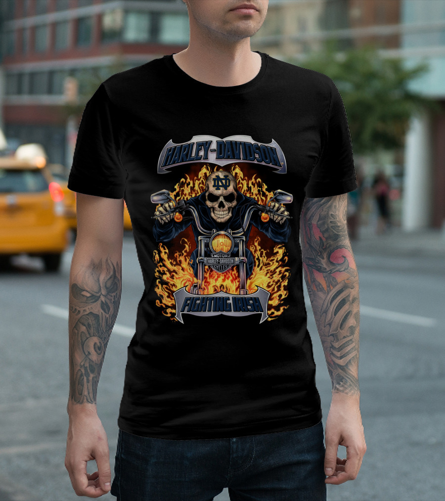 Harley Davidson Notre Dame Fighting Irish Motorcycle Skull Flames T-Shirt