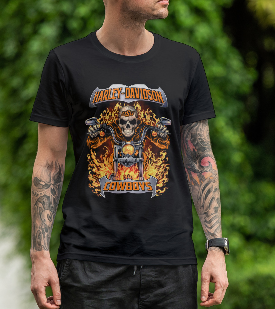 Harley Davidson Oklahoma State Cowboys Osu Skull Flames Motorcycle T-Shirt