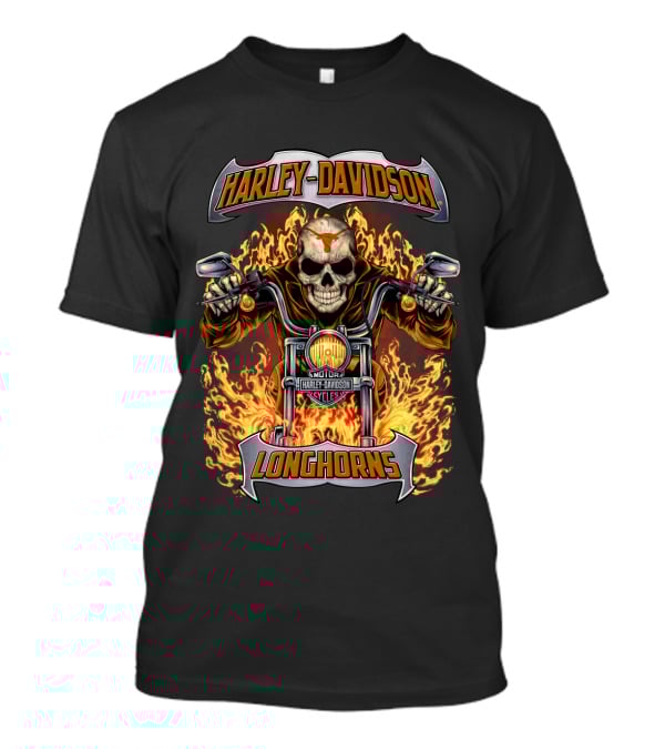 Harley Davidson Longhorns Flame Skull Motorcycle Art T-Shirt