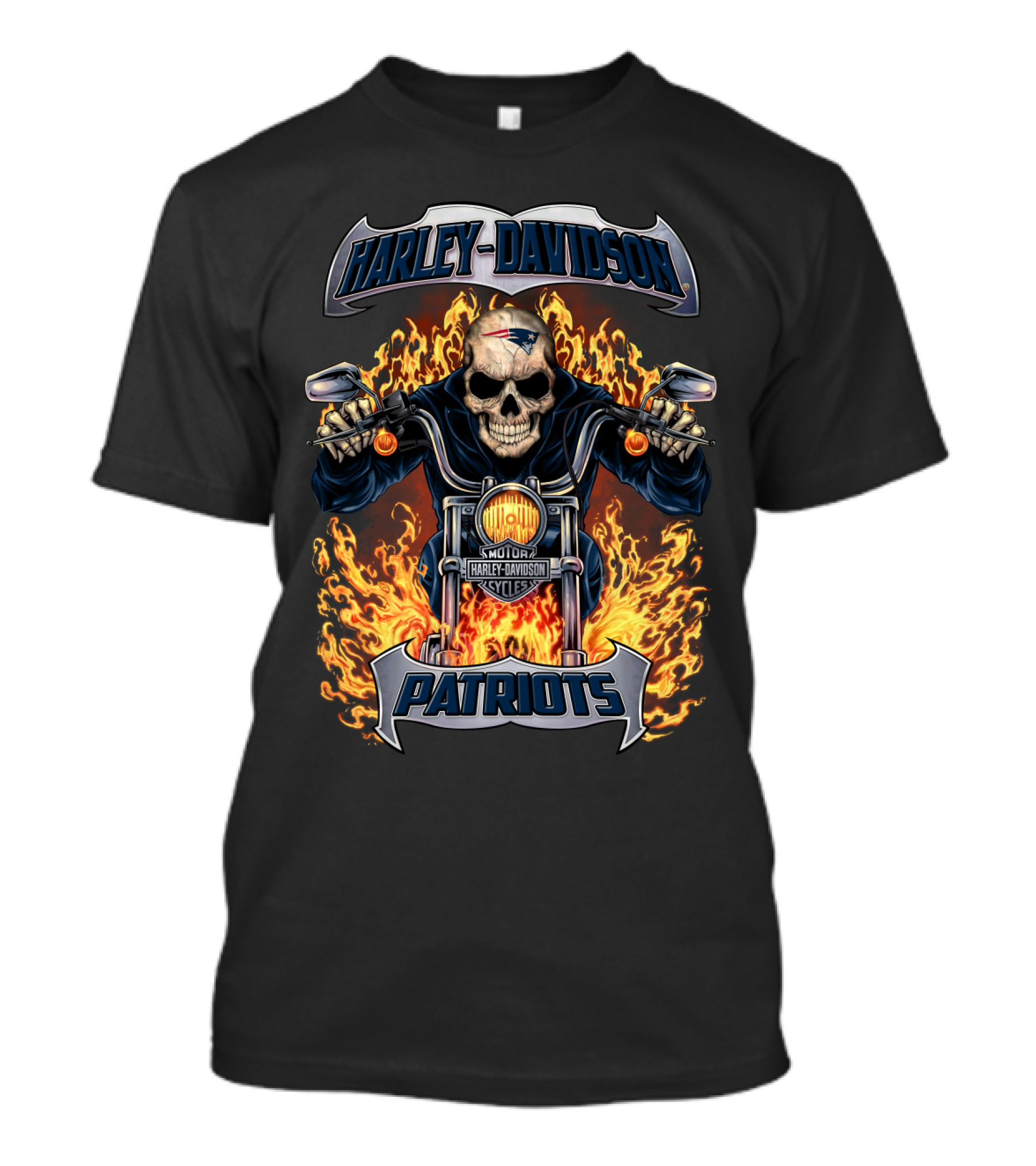 Harley Davidson New England Patriots Nfl Skull Flames Motorcycle T-Shirt