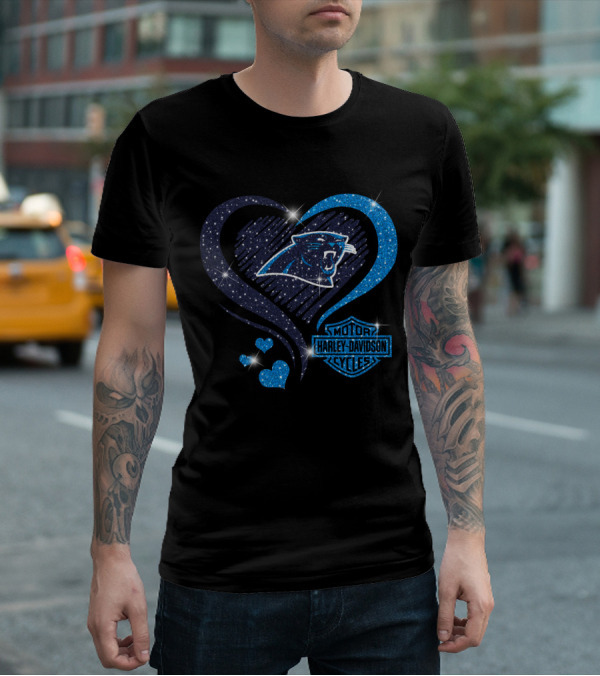 Carolina Panthers Heart Sparkle With Harley Davidson T-Shirt