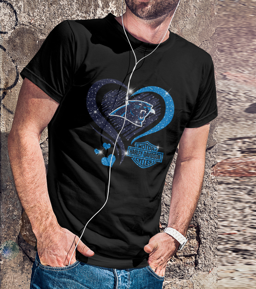 Carolina Panthers Heart Sparkle With Harley Davidson T-Shirt