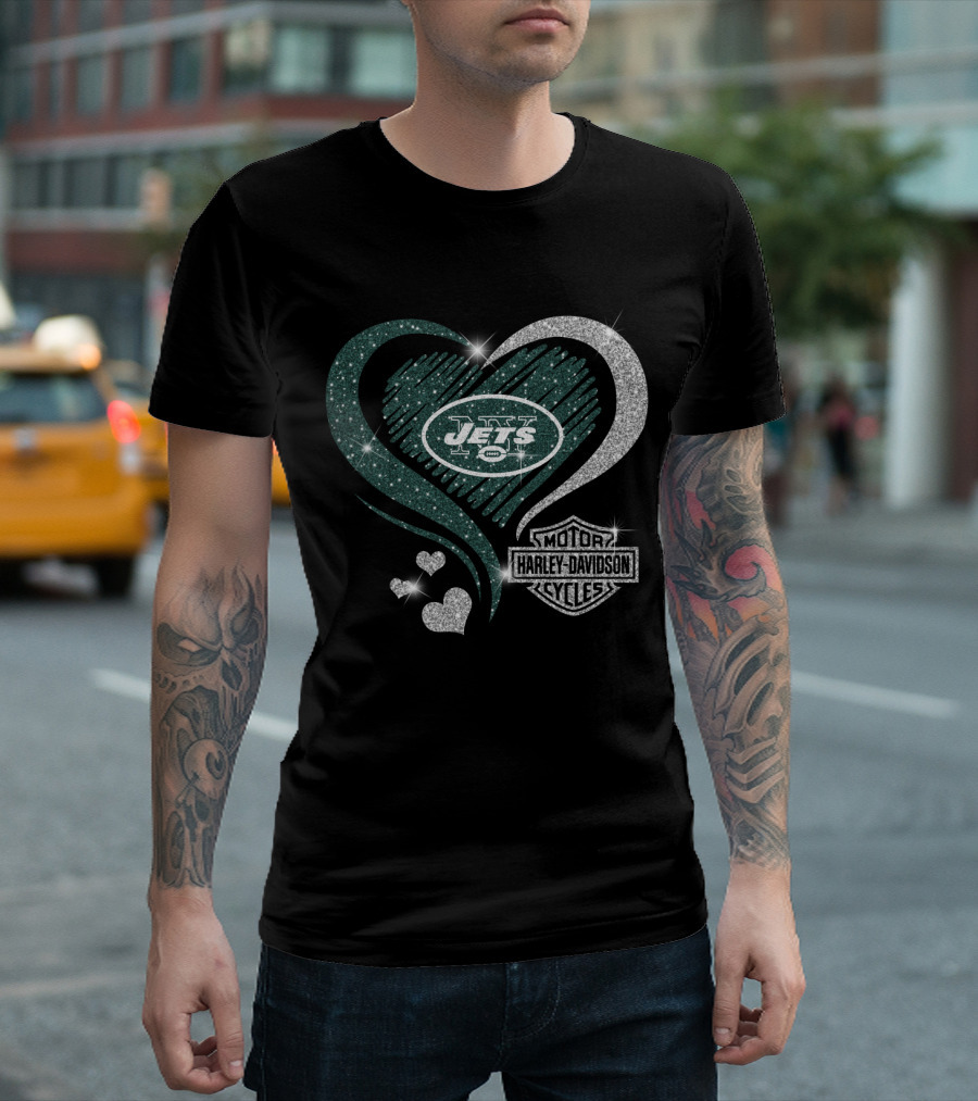 New York Jets Heart Harley Davidson Motor Cycles T-Shirt