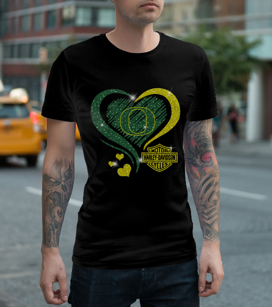 Oregon Ducks Heart Harley Davidson Motorcycles T-Shirt