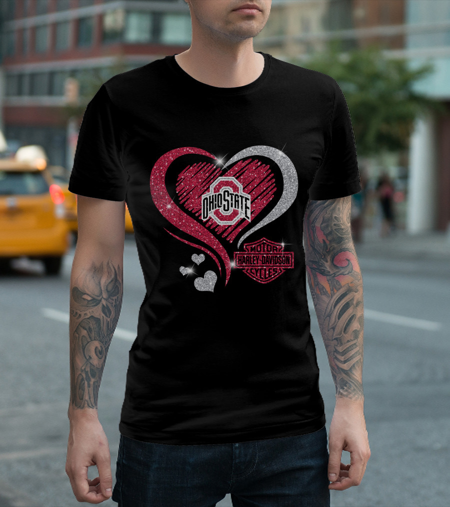 Ohio State Buckeyes Heart With Harley Davidson Motorcycles T-Shirt
