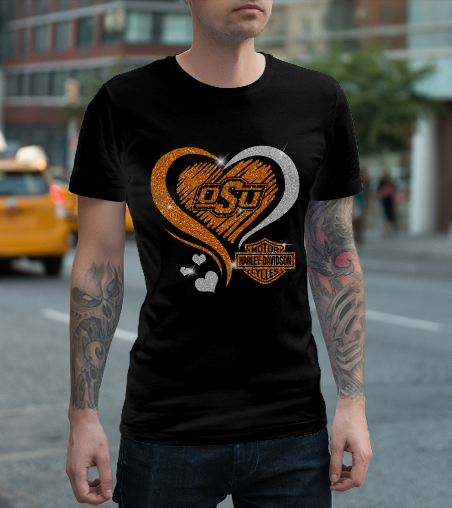Osu Heart With Harley Davidson Logo And Oklahoma State Cowboys T-Shirt