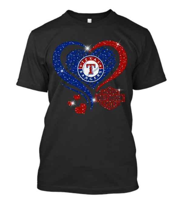 Texas Rangers Harley Davidson Heart Glitter T-Shirt