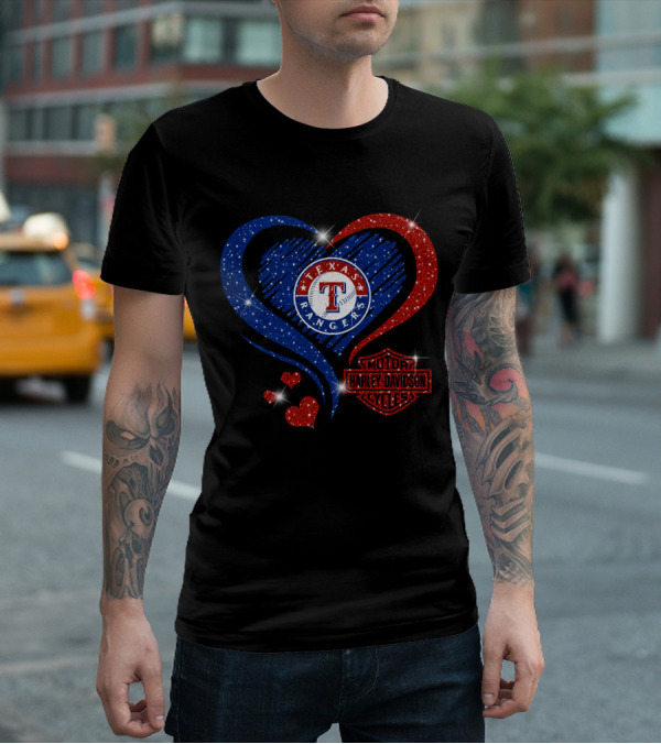 Texas Rangers Harley Davidson Heart Glitter T-Shirt