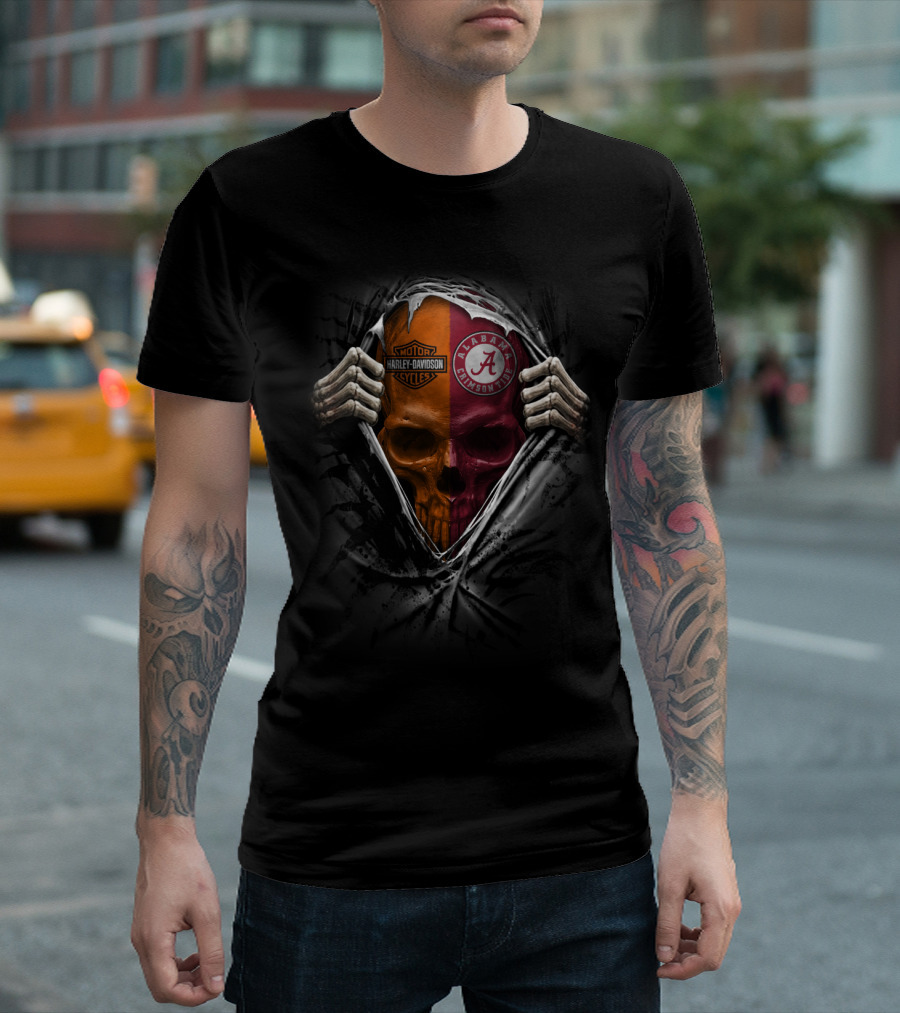 Alabama Crimson Tide Harley Davidson Dual Skull Motif T-Shirt