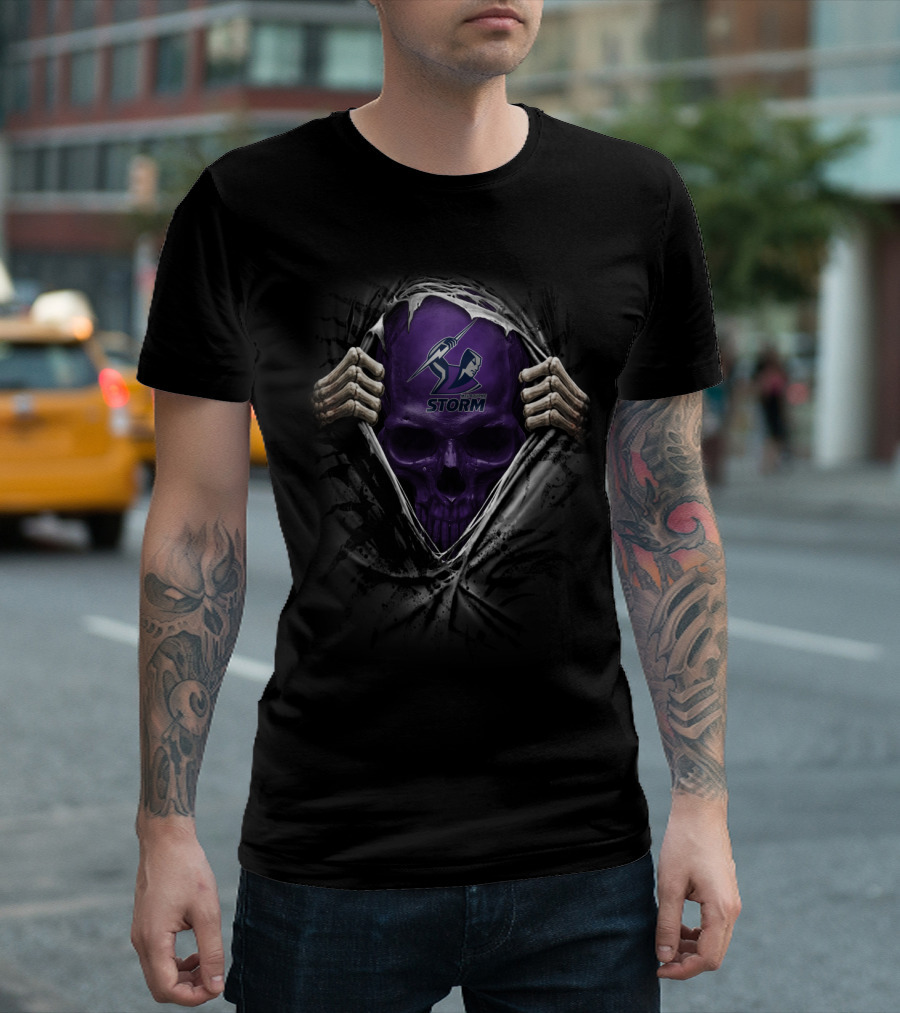 XA NRL Melbourne Storm Skull With Logo And Skeleton Hands T-Shirt