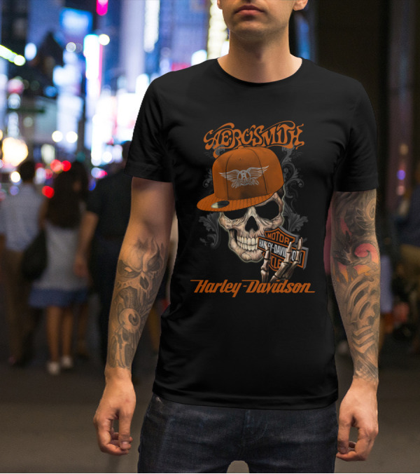 Aerosmith Harley Davidson Skull With Cap T-Shirt