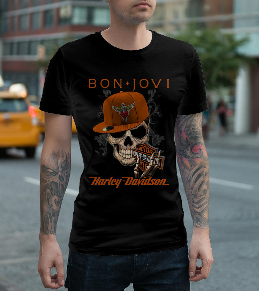 Bon Jovi Harley Davidson Skull With Wings Cap T-Shirt